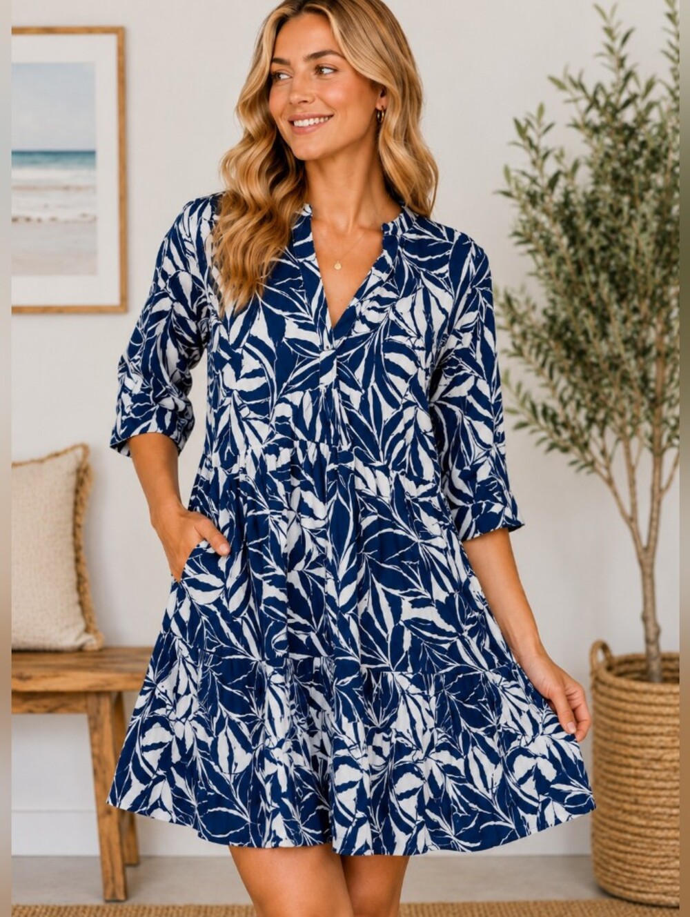 Tahari Arthur S Levine Tunic Dress  Women's Leaf Print BlueWhite Ruffle Hem Smal
